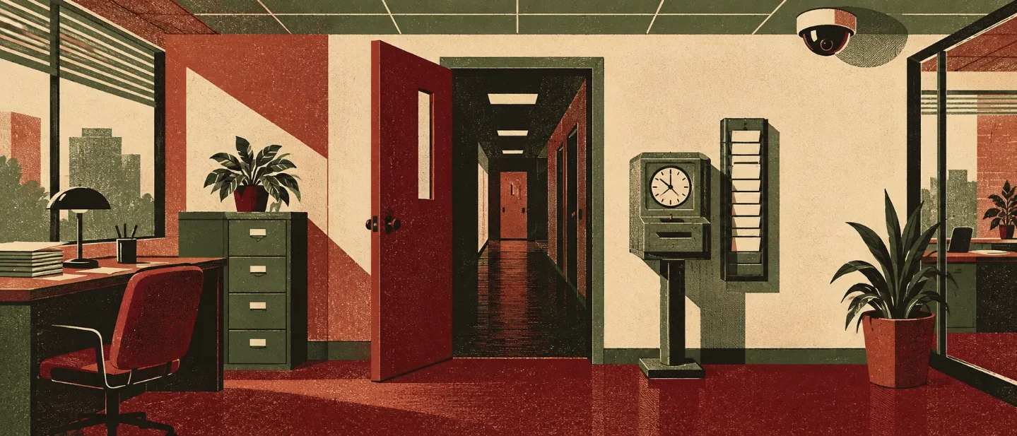 The ambiguous exit, the punch-card favor, and the private-office camera