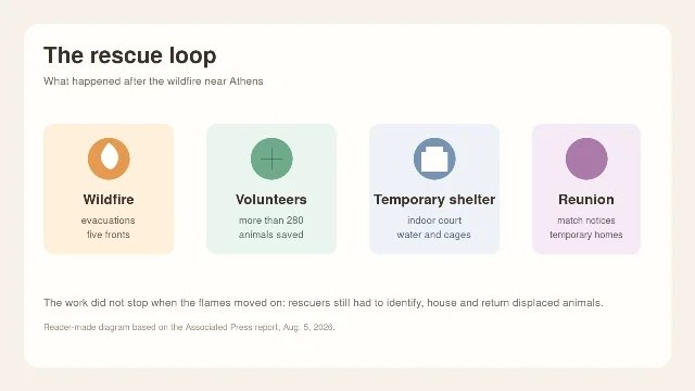 A four-step diagram showing wildfire, volunteer rescue, temporary shelter and reunion