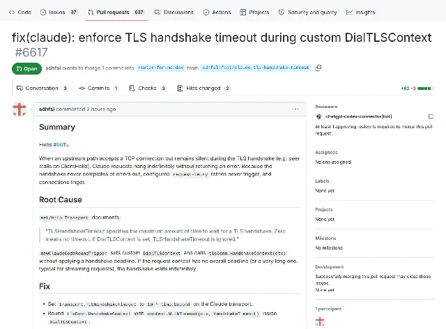 GitHub 上 CLIProxyAPI 的 PR #6617 页面，标题下方是 Open 标签，正文分 Summary、Root Cause、Fix 三段