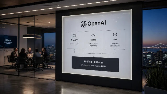 TechTimes 文章配图:OpenAI 办公室展示墙,标注 ChatGPT / Codex / API 整合到 Unified Platform,标语「One platform. Limitless possibilities.」
