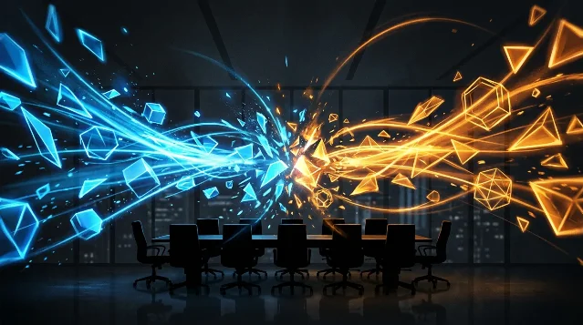 Abstract boardroom silhouette with opposing blue and amber energy streams — proxy battle visualization