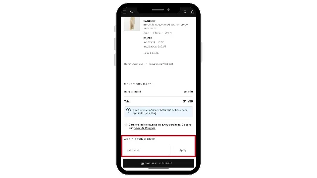 Net-a-Porter mobile checkout screen showing the "ADD A PROMO CODE" input field highlighted with a red box