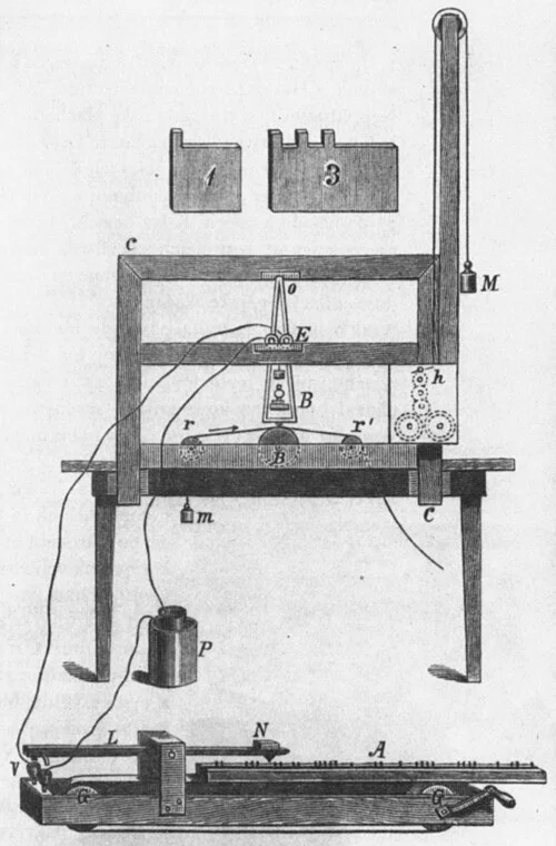 Morse's original telegraph apparatus from US Patent No. 1,647A, 1840