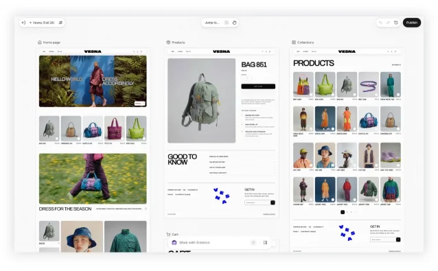 The Canvas editor, with Home page, Products and Collections templates open side by side, a Jump to field, undo and redo icons and a Publish button in the top bar