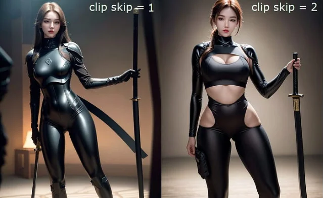 Side-by-side clip_skip=1 vs clip_skip=2 comparison — same prompt, left image shows more Western facial features with strict prompt following, right shows more stylized East Asian features with creative interpretation