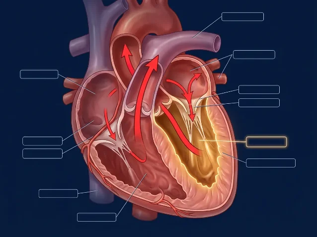 Anatomical cross-section of the heart showing the left ventricle cavity highlighted in amber, with red arrows illustrating the pumping action that defines LVEF