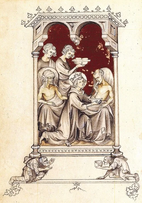 Saint Louis (Louis IX of France) ministering to plague victims (fol. 142v) from the Hours of Saint Louis cycle. Pucelle's architectural framing, with Gothic trefoil arches and colorful tilework, contrasts with the sick figures rendered in grisaille below, their emaciated features and exposed skin modeled with unusual emotional intensity.