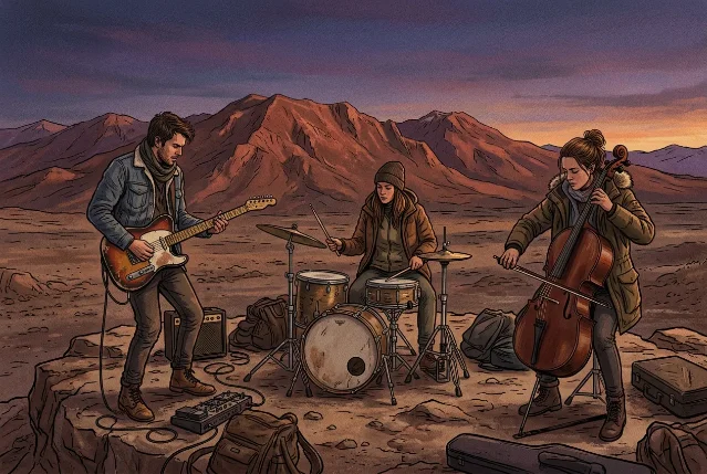 Three musicians playing guitar, drums, and cello outdoors on bare desert rock at dusk, with copper-red Atacama mountains behind them and a violet sunset sky