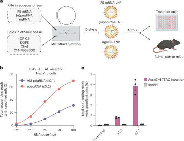 PE-LNP workflow: microfluidic encapsulation of PE mRNA and ngRNA into separate LNP populations, admixed before administration; dose-response curves at the Pcsk9 locus in Hepa1-6 cells; in vivo editing bar chart in bulk mouse liver