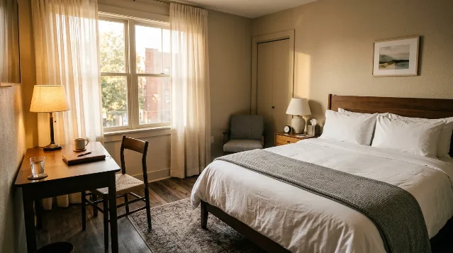 Warm hotel room with white linens, wooden desk, and afternoon light through sheer curtains