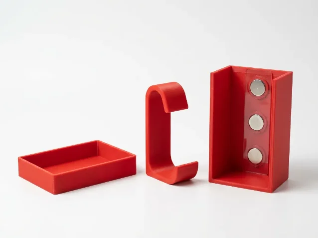 Three red 3D-printed MagDock pieces — shallow tray, hook, and deep box — with three neodymium disc magnets visible embedded in the back wall of the box