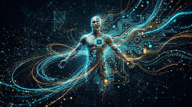 Abstract digital art of a luminous human figure dissolving into circuit board patterns and flowing data streams, glowing cyan and amber particle trails against a dark background