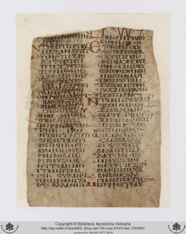 Folio 1 recto of Borg.copt.109.cass.XXVIII.fasc.154 — two columns of Coptic text in red-and-black book hand on yellowed parchment, with prominent large decorative initials visible at the top and mid-page