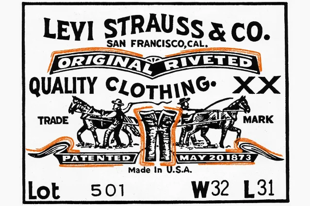Levi's 501 leather patch stamped with "PATENTED MAY 20 1873" and the Two Horse design