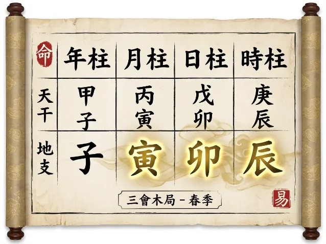 八字四柱命盘示意:地支三会成局