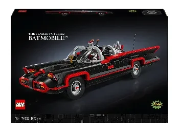 LEGO DC 76328 Classic TV Series Batmobile packaging box showing black and red open-top vehicle with Batman figure and DC branding
