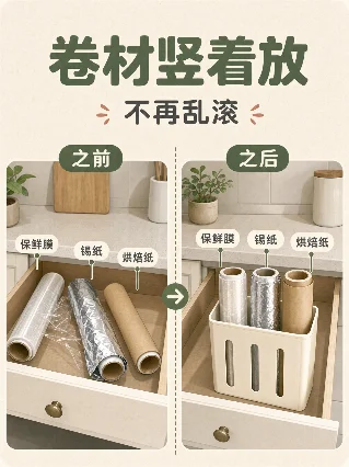 保鲜膜锡纸别横躺，竖进窄盒不乱滚