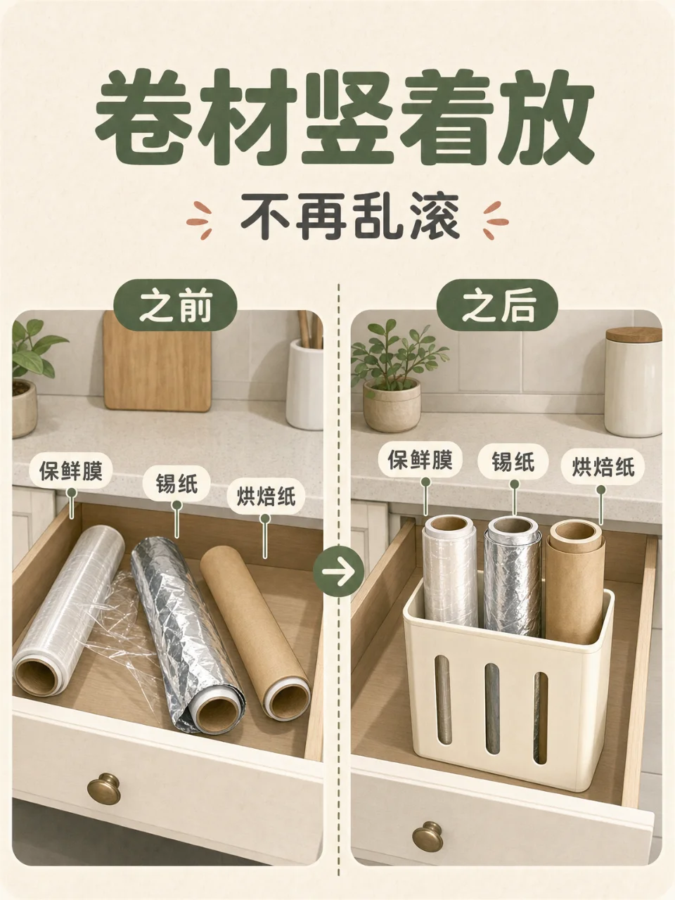 保鲜膜锡纸别横躺，竖进窄盒不乱滚