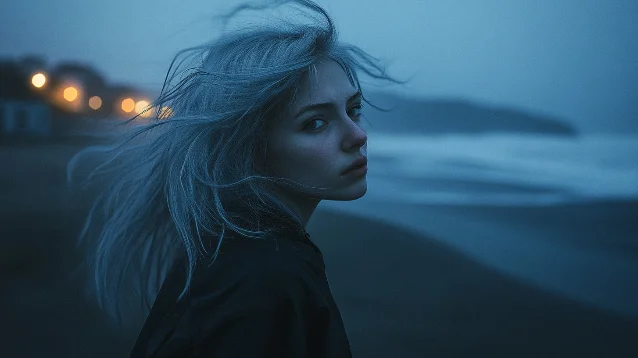 Wind-blown hair portrait with environmental motion cues — silver-blue hair, coastal dusk scene, Kodak Portra film tones, MJ output