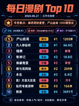 每日漫剧 Top 10｜2026.06.21 腾讯周榜重置，尸山血海登顶