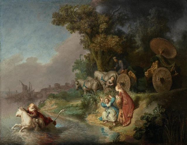 Rembrandt, *The Abduction of Europa*, 1632, as held in the Getty's permanent collection. The painting's verso bears a rectangular label reading "THOS AGNEW &amp; SONS / 3458," recording its passage through the London and Berlin art trade