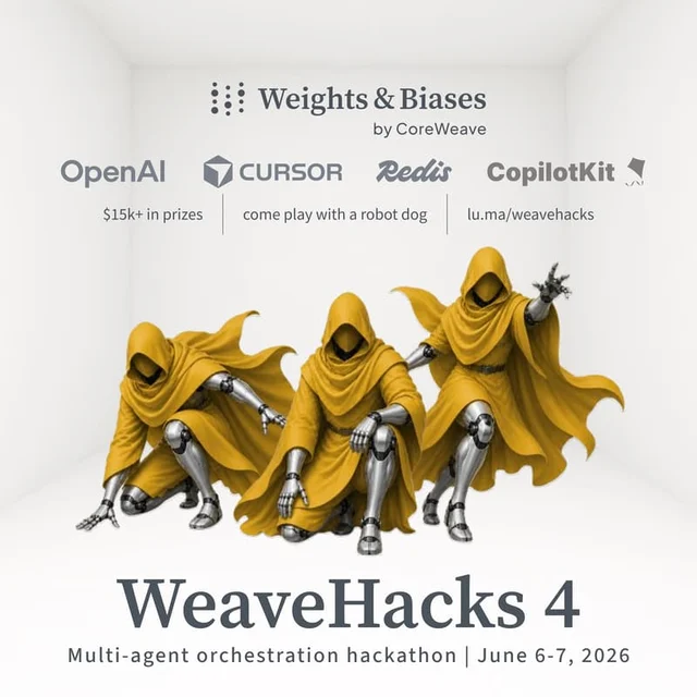 WeaveHacks 4 hackathon poster — three robot figures in yellow hooded cloaks, Weights & Biases logo, sponsor logos for OpenAI, Cursor, Redis, CopilotKit, "$15k+ in prizes", June 6–7, 2026