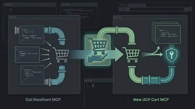 Abstract migration diagram showing old cart API flows moving into a newer UCP cart pipeline