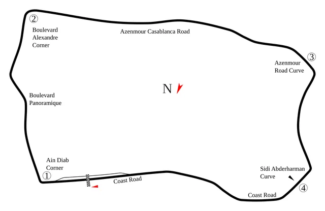 A black line drawing of a racing circuit shaped like an irregular wide loop, labelled with the names of the public roads it uses