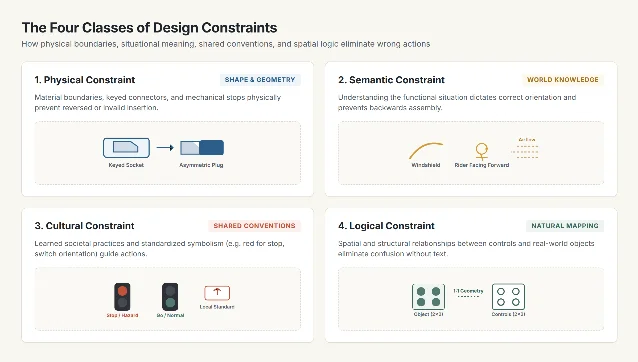 The four classes of design constraints: physical boundaries, situational meaning, shared conventions, and spatial logic