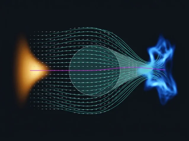 Conceptual visualization: source distribution (amber, left) connected by a neural velocity field and cyan flow trajectories to a target distribution (blue, right), with the Wasserstein convergence ball (dotted boundary) shown in the center and the optimal mean trajectory as a magenta line