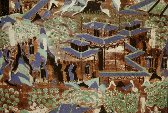 帝释天化出城廓和闹市,太子稍作停留后继续前往檀特山。