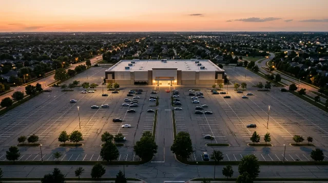 Aerial drone view of a generic big-box retail store parking lot at dusk, suburban American landscape, no visible signage