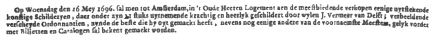 The 1696 auction advertisement in the Amsterdamsche Courant, announcing 21 paintings "most powerfully and splendidly painted by the late Vermeer of Delft"