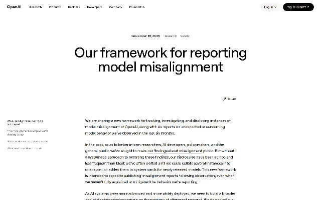 A screenshot of OpenAI's page titled Our framework for reporting model misalignment, dated September 16, 2026, above the opening paragraph of the framework