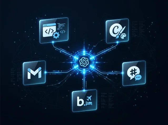 ChatGPT 作为中心节点连接 Codex、Gmail、Canva、Booking 等第三方服务的示意图
