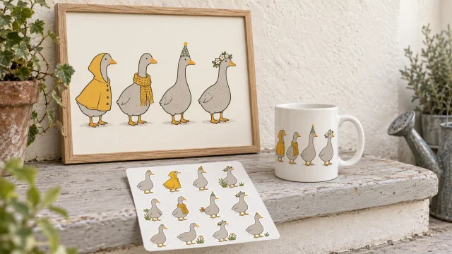 AI-generated product concept: a framed goose-outfit chart, a printed mug and a goose sticker sheet on a porch step