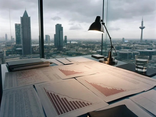 A financial desk showing reports with steep downward charts, overcast European city skyline visible through floor-to-ceiling windows