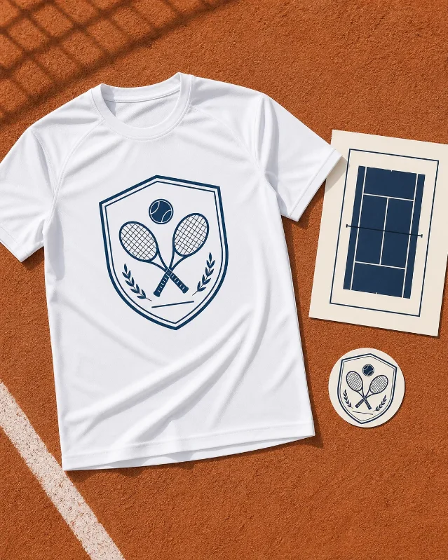 Beginner Tennis product concept — white tee with club crest, court-diagram poster, and sticker on clay surface