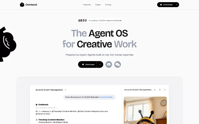 Omniwork 官网首页真实截图,展示产品定位与 Account Growth Management 工作区