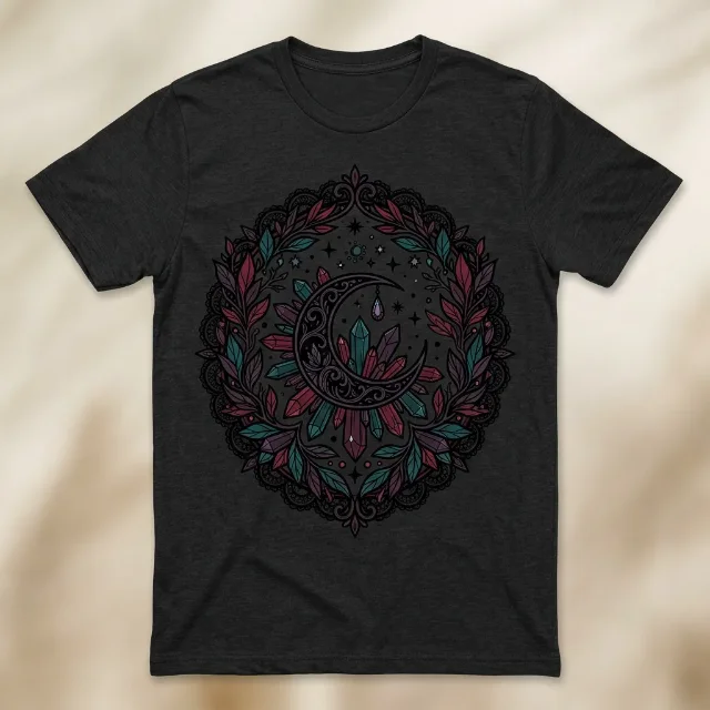 AI-generated concept: Hippie Goth t-shirt — crescent moon with crystals and dark botanical leaves on a heather black tee
