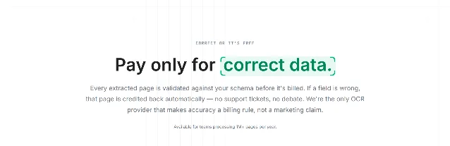 Invofox 定价页 Correct or it's free 区块：正文写 Pay only for correct data，底下那行小字写着 Available for teams processing 1M+ pages per year