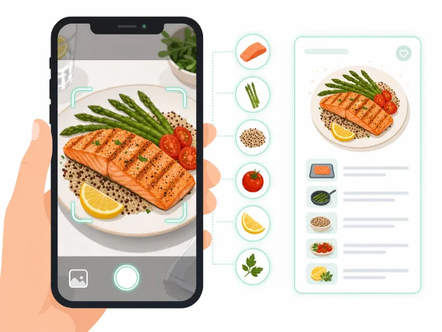 Food scanner app concept: smartphone identifying a restaurant dish with a recipe overlay