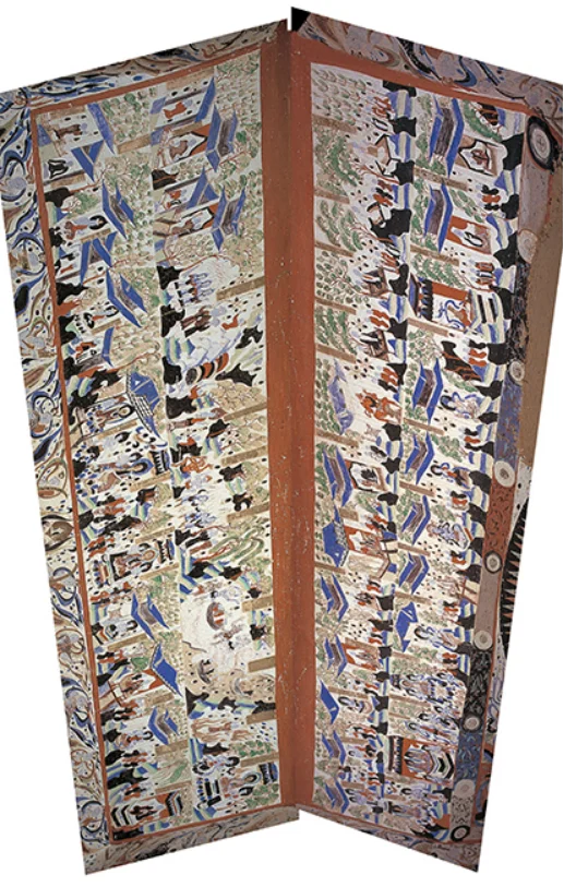 第 303 窟南北壁局部，青绿山石、人物与边饰共同构成壁面叙事