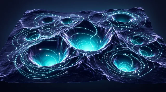 Conceptual illustration of attractor basins in a diffusion model's learned energy landscape — particles cycling into glowing basins correspond to memorized training images