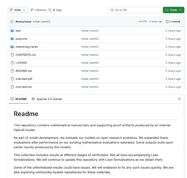 openai/math 仓库首页:文件列表里只有 lean、preprints、reasoning_traces 三个目录,下面是 README 开头四段