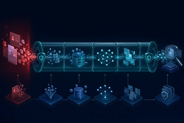 敏感数据从上传到审计的 AI 处理链路，明文暴露点与密态通道形成对照