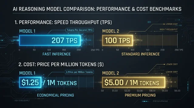 207 TPS vs 100 TPS throughput, $1.25 vs $5.00 per million tokens — AI reasoning model speed and cost comparison