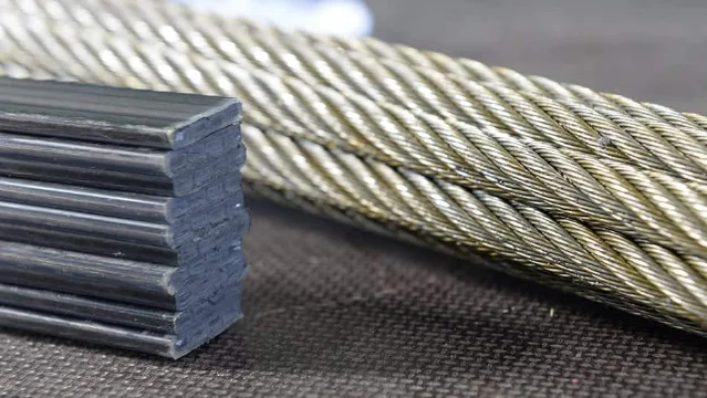 KONE UltraRope carbon-fiber hoist belt (black, left stack) alongside a conventional steel wire rope (silver, right) at comparable section
