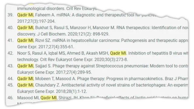Reference list from Muhammad Imran Qadir's papers with his name highlighted many times throughout