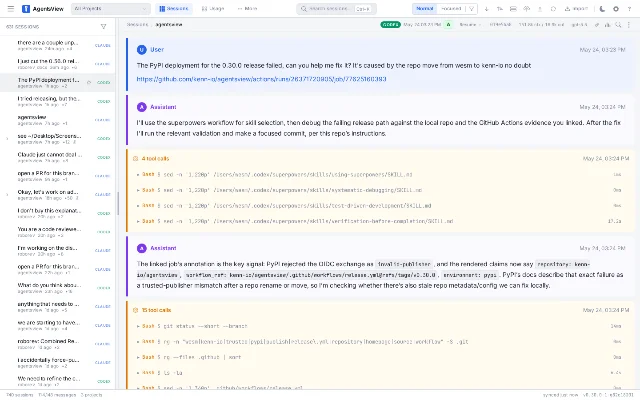 AgentsView session viewer showing a full AI conversation with tool call records and sidebar session list
